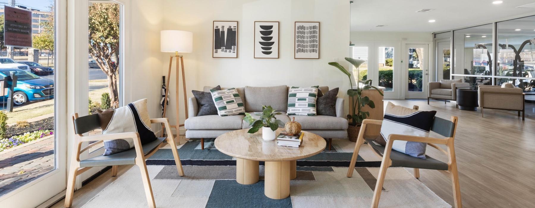 a living room with a large glass door