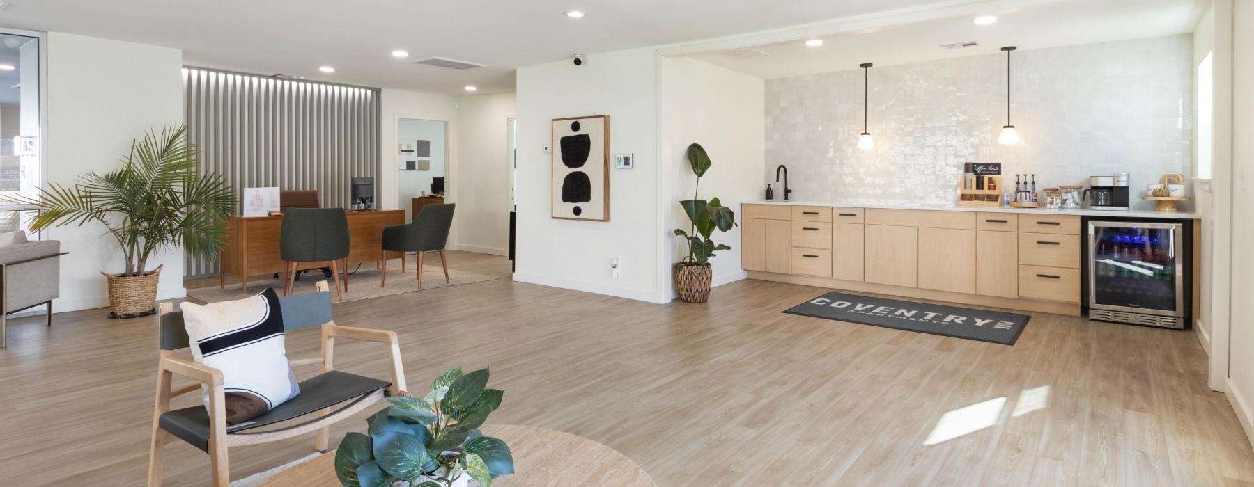 a large living room with a wood floor