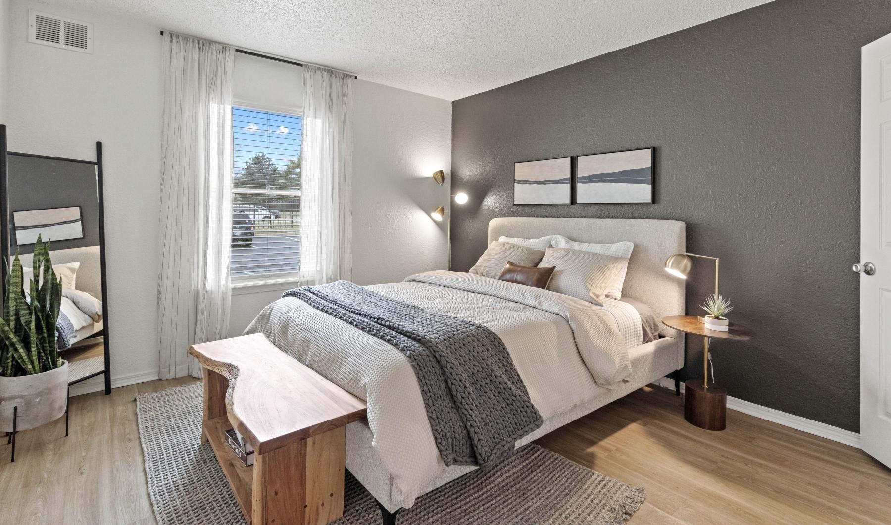 a bedroom with a large bed